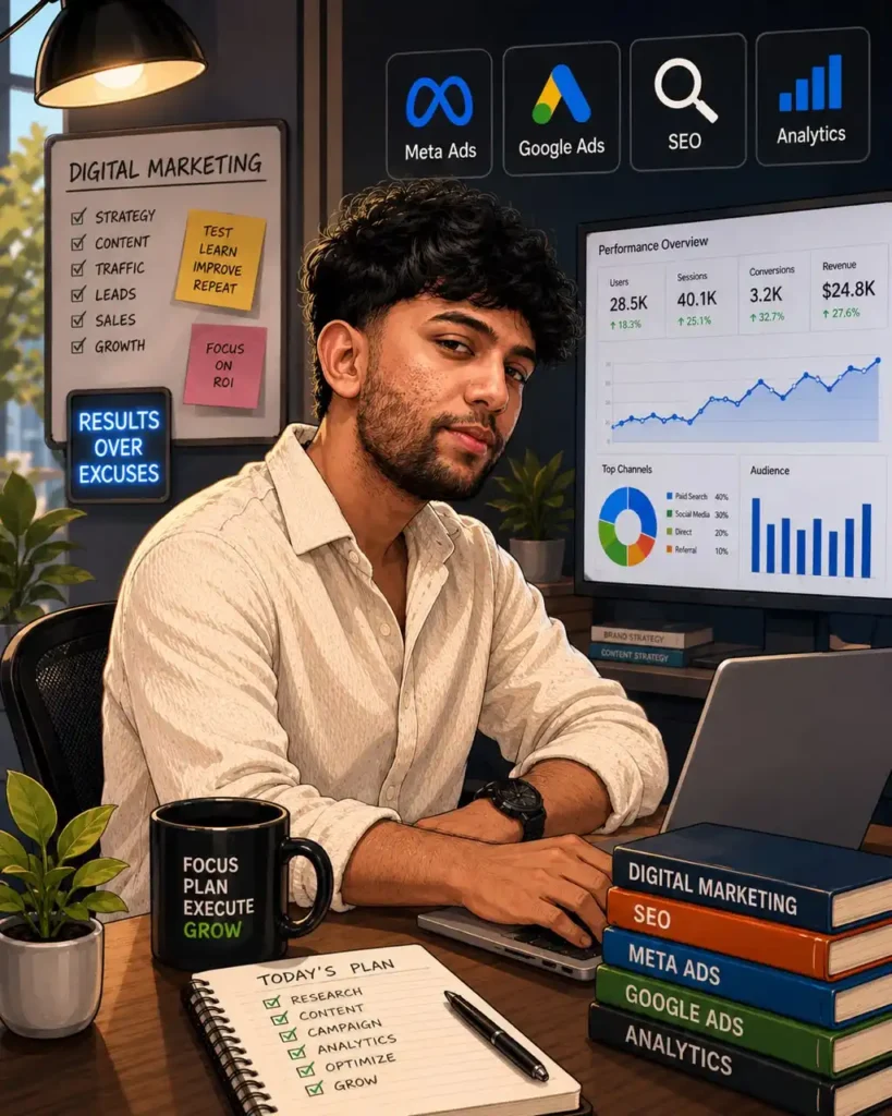 Freelance digital marketer in Kochi analysing SEO, Meta Ads, and Google Ads campaigns in a modern digital marketing workspace